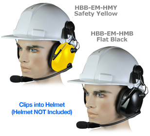 <b>HBB-EM-HM (Helmet Mount) Series - Dual Earmuff Headset</b>: Dual Muff Headset clips to most standard Safety Helmets. Flat Black or Safety Yellow finish.  NRR 24dB.