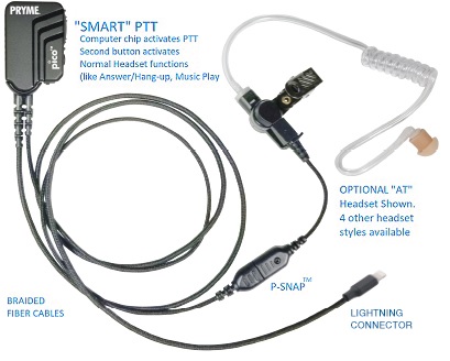Pryme PICO with LIGHTNING Connector. Lapel Mic Kit with SMART PTT Button. BRAIDED FIBER with noise reducing mic element for phones and tablets.